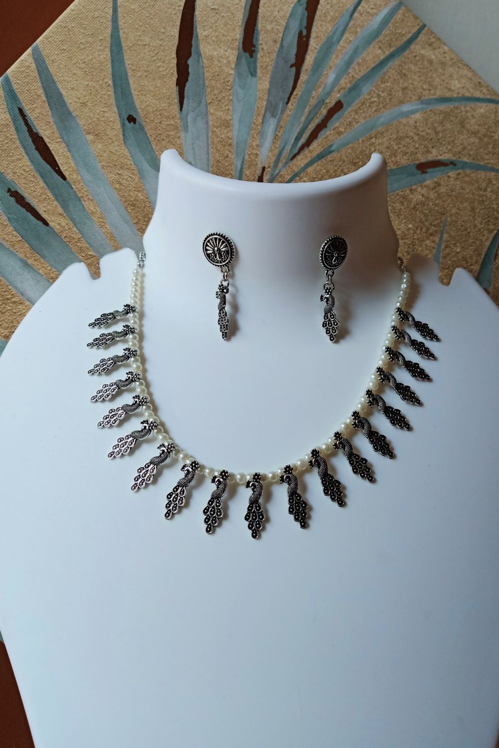 Mayuri Set (White) - Oxidised Necklace Set (White Beads)