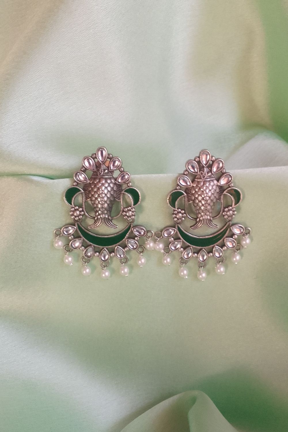 Meenakshi (Green) - Premium Quality Oxidised Chandbali (Hand Painted)