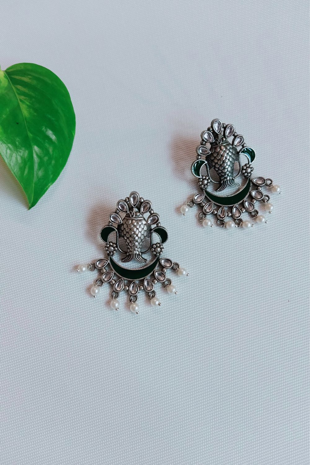 Meenakshi (Green) - Premium Quality Oxidised Chandbali (Hand Painted)