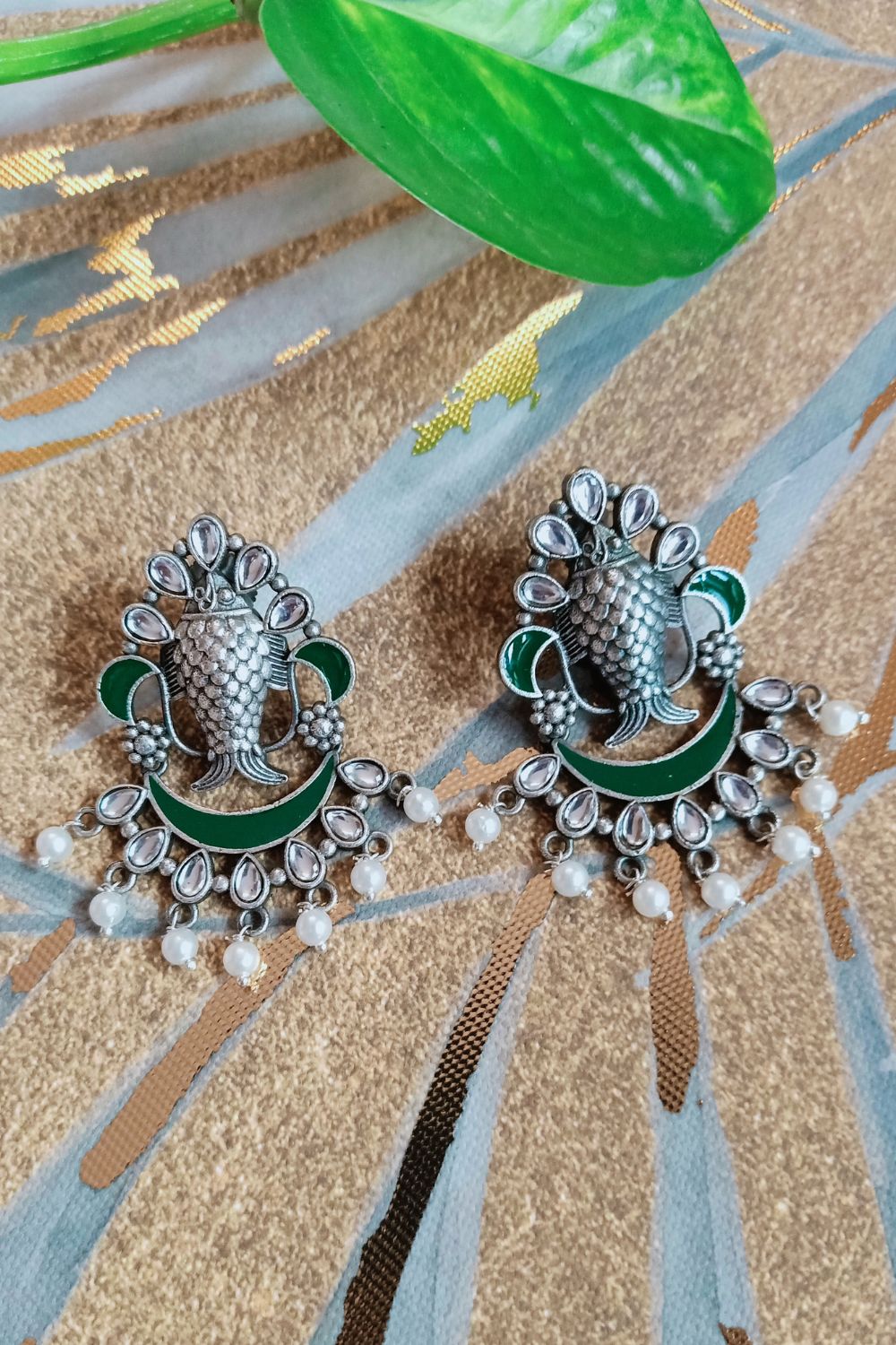 Meenakshi (Green) - Premium Quality Oxidised Chandbali (Hand Painted)