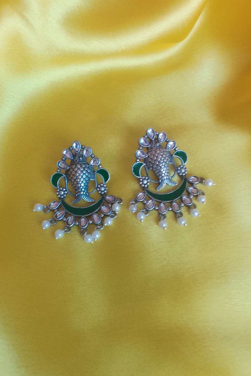 Meenakshi (Green) - Premium Quality Oxidised Chandbali (Hand Painted)